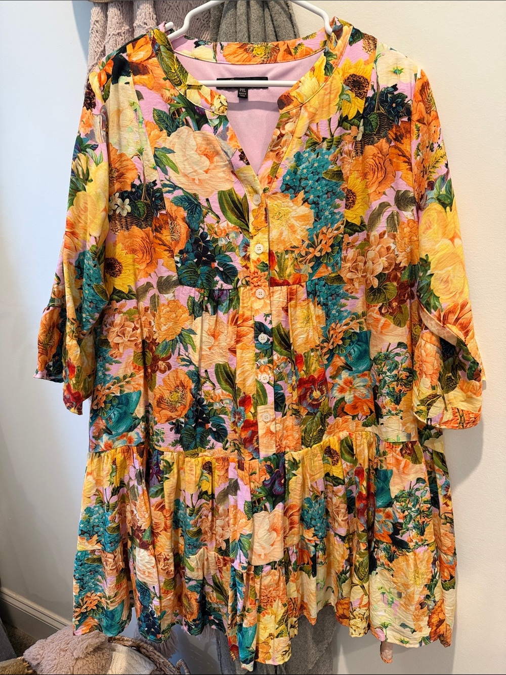 Floral Tiered Button-Front Dress in Pink & Orange